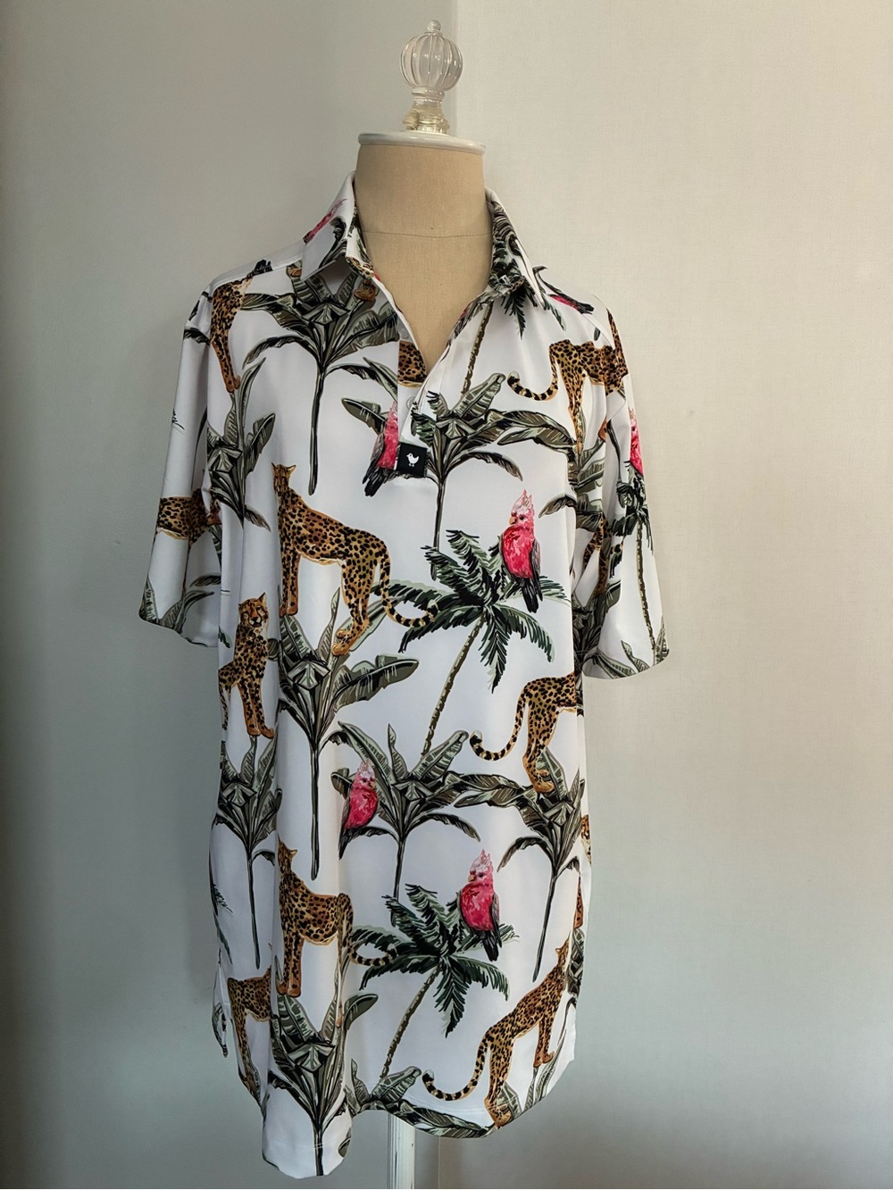 Bad Birdie White Tropical Button-Down Shirt with Pink Parrot & Leopard Print